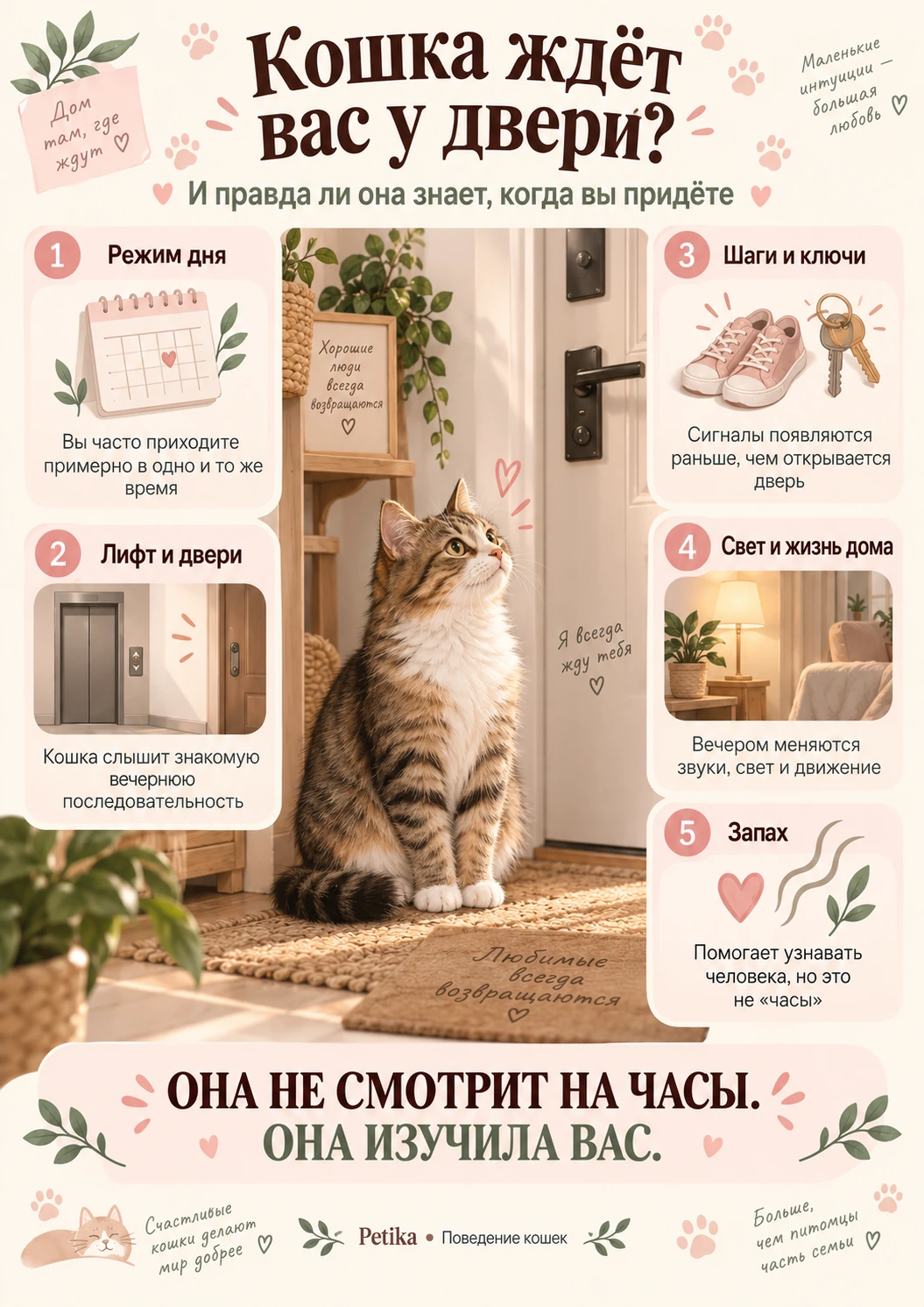 Как кошка понимает, что хозяин скоро придёт: режим дня, лифт и двери, шаги и ключи, свет и запах